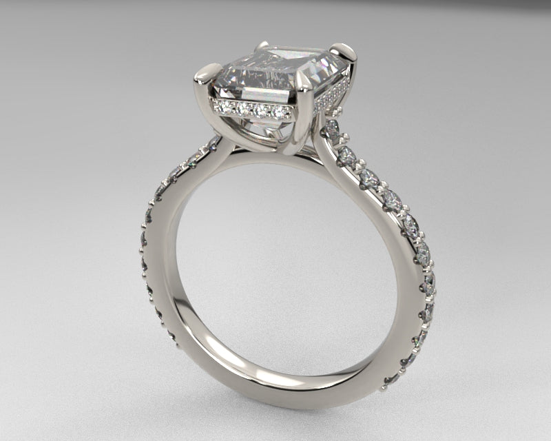 Simren's Signature Shared Prong Emerald Cut Hidden Halo Setting