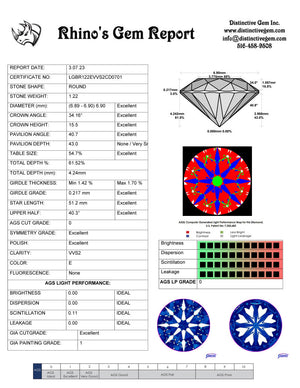 1.22ct E VVS2 AGS Ideal Cut Distinctive Hearts & Arrows Cut Private Reserve Lab Grown Diamond
