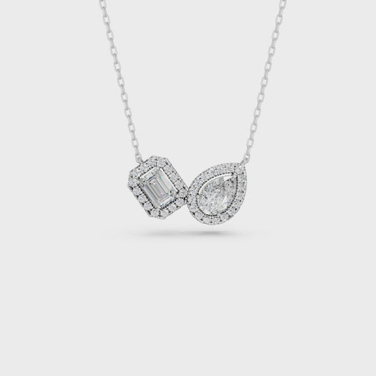 1.94 CTTW Emerald Cut And Pear Lab Diamond 2 Stone Halo Necklace – 14K White Gold video