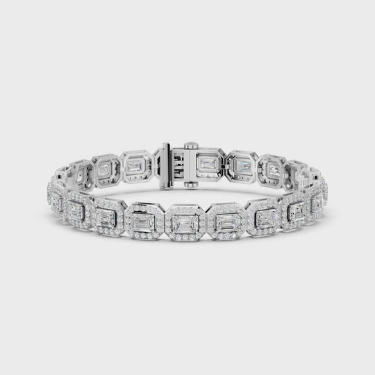 9.94 CTTW Emerald Cut Lab Diamond E-W Halo Tennis Bracelet – 14K White Gold video