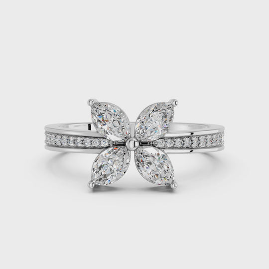 0.93 CTTW Marquise Shape Lab Diamond Flower Ring – 14K White Gold video