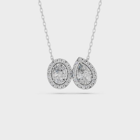 1.96 CTTW Oval And Pear Lab Diamond 2 Stone Halo Necklace – 14K White Gold video