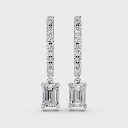 1.26 CTTW Emerald Cut Lab Diamond Dangle Drop Hoop Earring – 14K White Gold video