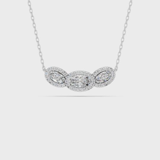 1.61 CTTW Moval Lab Diamond E-W 3 Stone Halo Necklace – 14K White Gold video