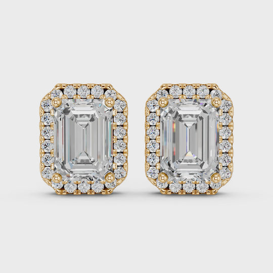 2.29 CTTW Emerald Cut Lab Diamond Halo Stud – 14K Yellow Gold video