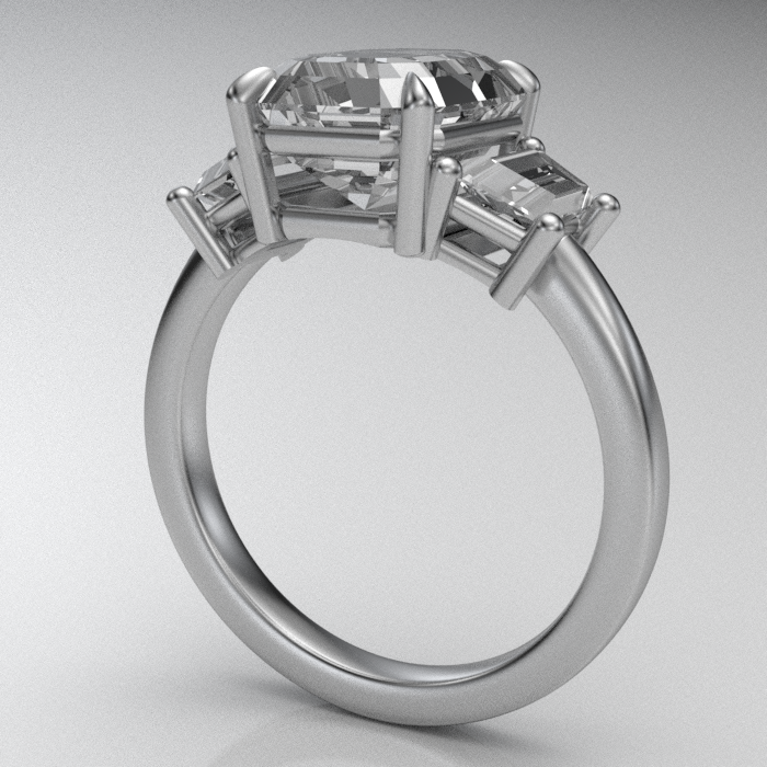 Ladies Moissanite Ring with Custom Cut Trapezoids