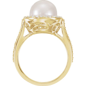 Cultured pearl halo diamond ring