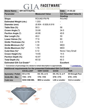 1.20ct I VS2 Hearts & Arrows Round Brilliant Ideal Cut Diamond