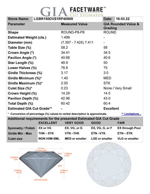 1.50ct D VS1 Distinctive Hearts & Arrows Cut Private Reserve Lab Grown Diamond