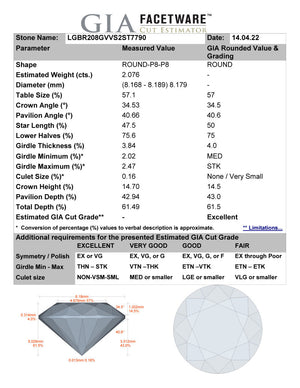 2.08ct G VVS2 Distinctive Hearts & Arrows Cut Private Reserve Lab Grown Diamond