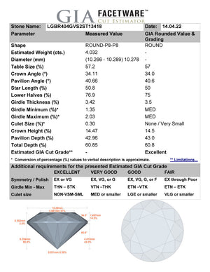 4.04ct G VS2 Distinctive Hearts & Arrows Cut Private Reserve Lab Grown Diamond
