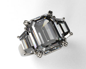 Ladies Moissanite Ring with Custom Cut Trapezoids