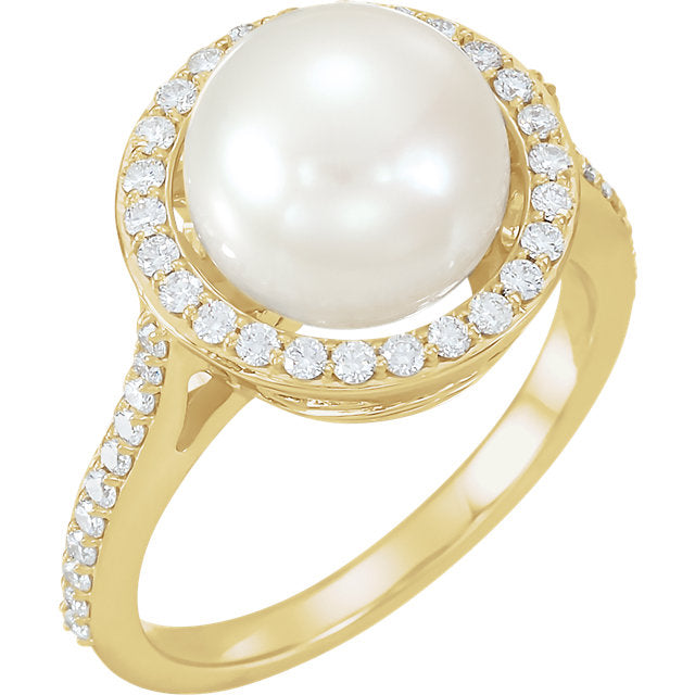 Cultured pearl halo diamond ring